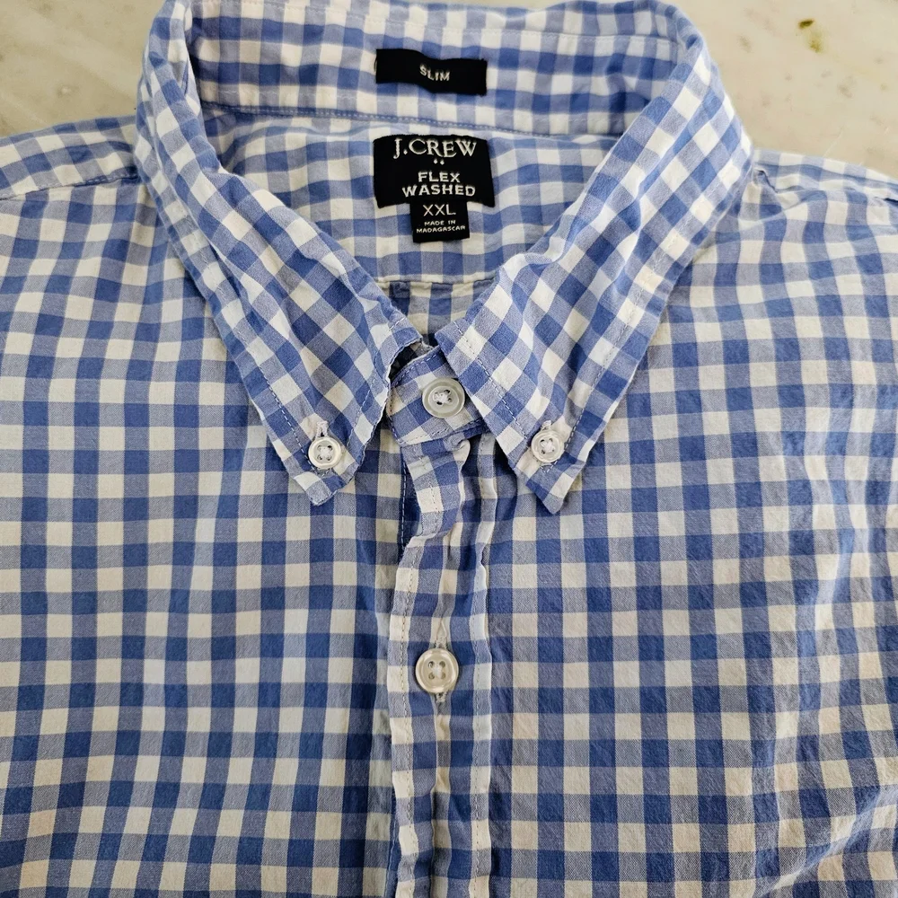 J.Crew Slim Fit Gingham Button Down Shirt Men’s XXL Blue White Preppy Casual
